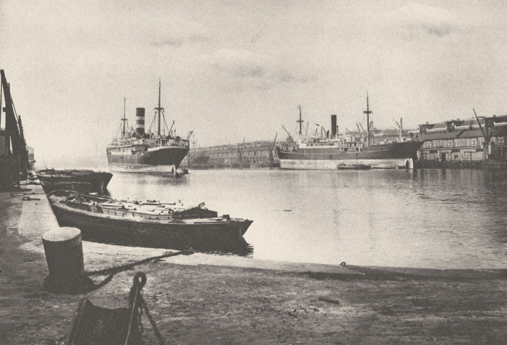 WEST INDIA DOCKS. Unloaded Cargo boat South Dock. Canary Wharf 1926 old print